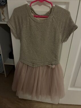 Girls Sparkle Knit Top with Tulle Skirt Dress - Taupe